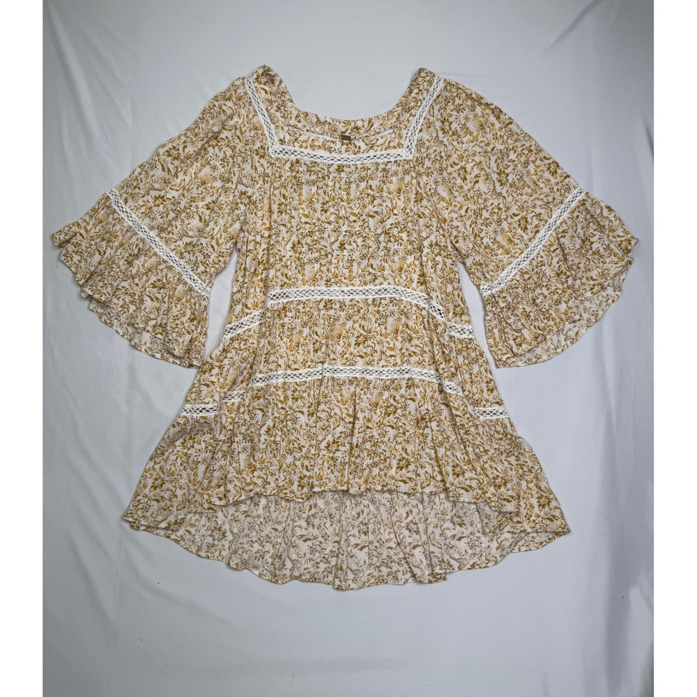 Free People Talk About It Floral Tunic Tiered Top Yellow Lace Bell Sleeve M
